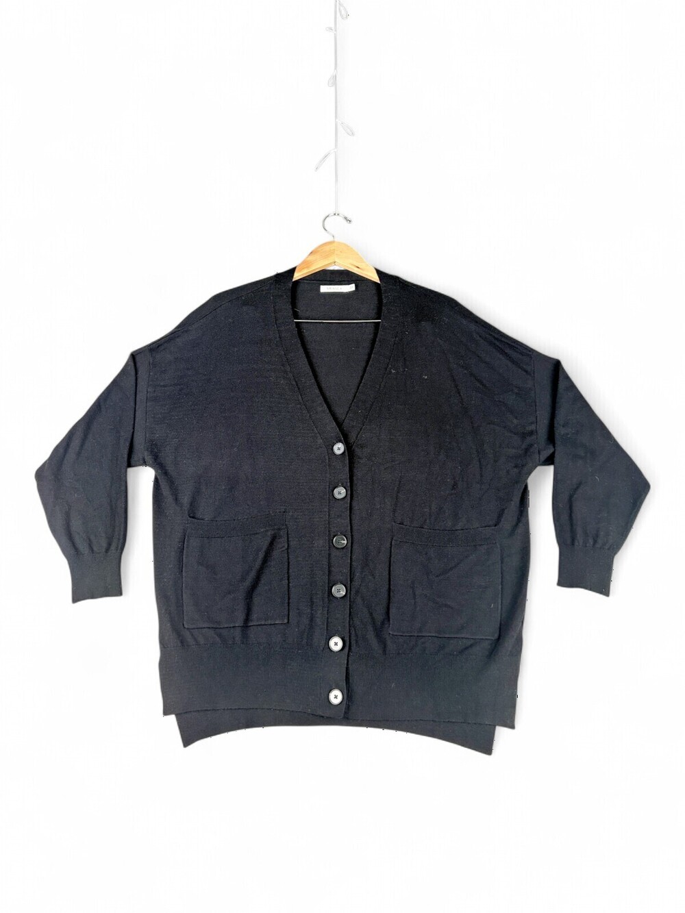Mersea Black V-Neck Button Cardigan Oversized OS - Lightweight Knit